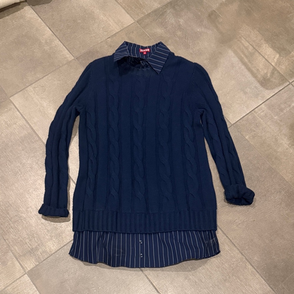 STAUD Navy Cable-Knit Crewneck Sweater with Striped Mock Shirtdress